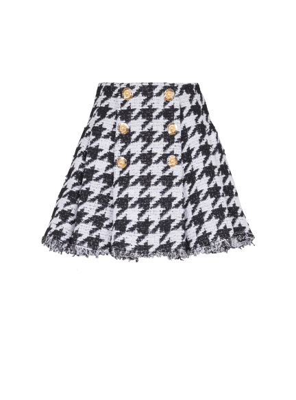 A-line pleated houndstooth tweed skirt