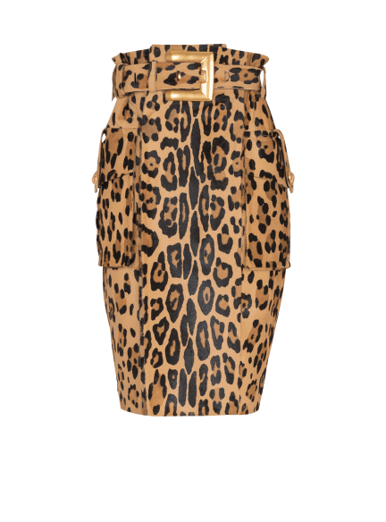 Ponyskin-style leather midi skirt with leopard pattern
