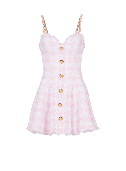 Strappy houndstooth tweed A-line dress 