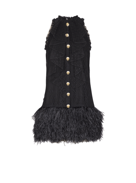 Flowing lace and feather dress