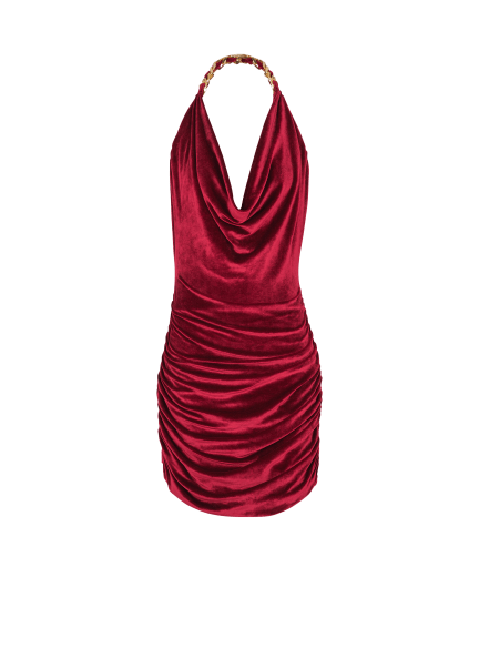 Chain Strap Draped Velvet Short Dress