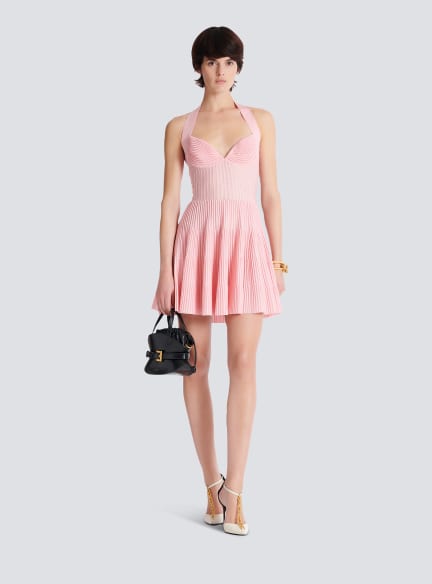 Textured knit halterneck A-line dress