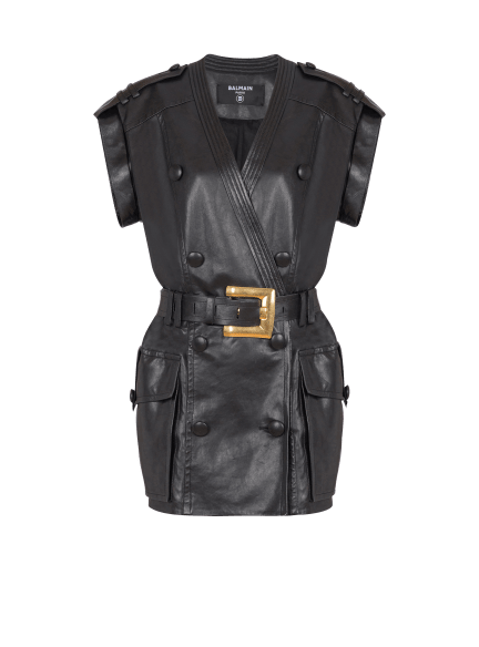 Lambskin leather short belted dress