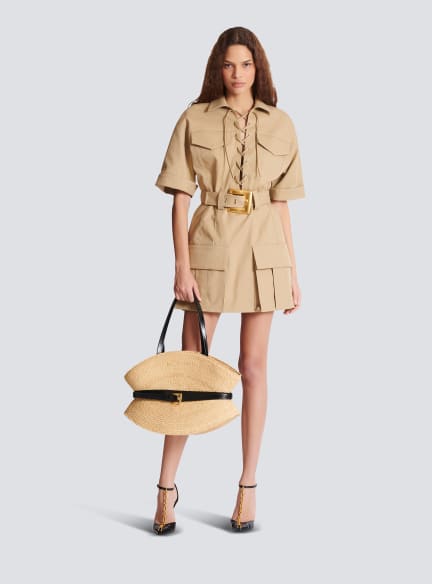 Short cotton gabardine lace-up dress