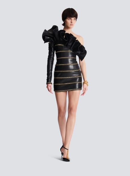Asymmetric leather bodycon dress with chains
