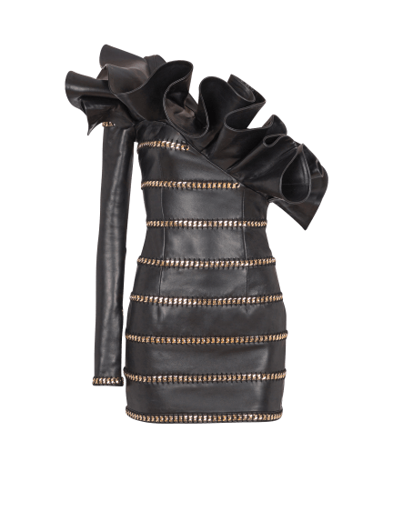 Asymmetric leather bodycon dress with chains