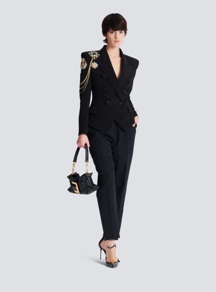 Crepe 6-button jacket with embroidered patches