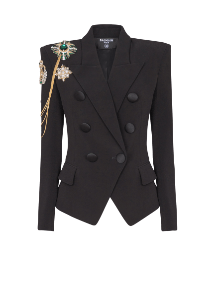 Crepe 6-button jacket with embroidered patches