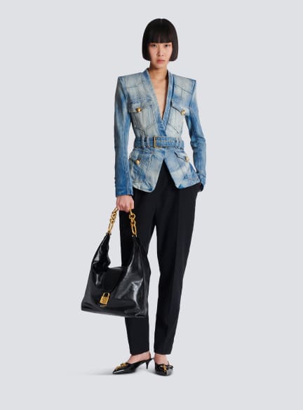 1-button belted denim jacket