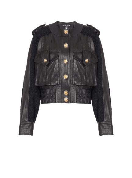 Tweed and leather bomber jacket