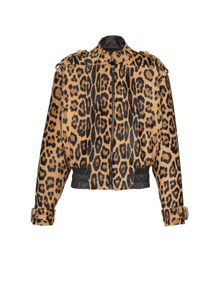 Ponyskin-style leather bomber jacket with leopard pattern