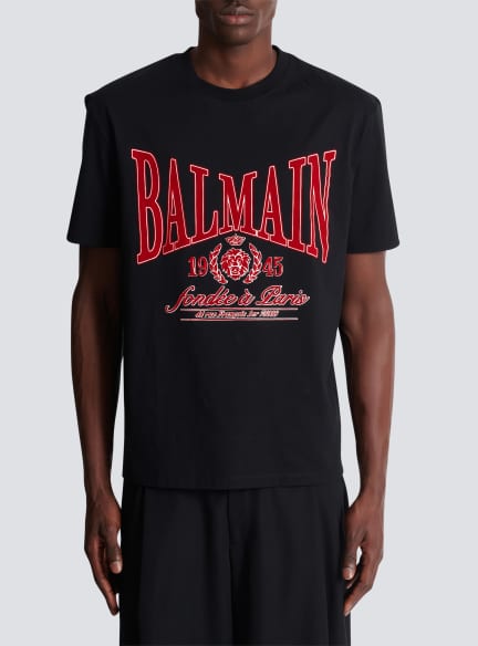 Short-sleeved T-shirt with flocked Balmain College print