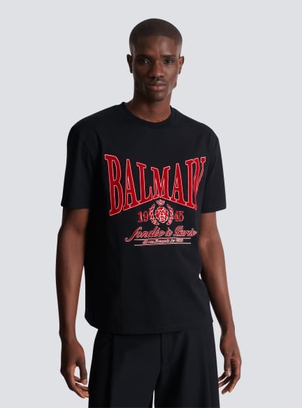 Short-sleeved T-shirt with flocked Balmain College print
