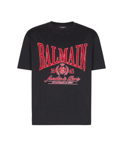Short-sleeved T-shirt with flocked Balmain College print