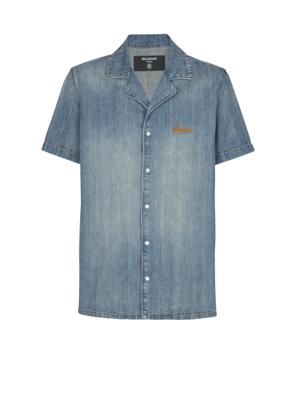 Short-sleeved pyjama shirt in faded denim