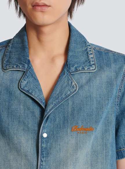 Short-sleeved pyjama shirt in faded denim