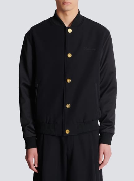Varsity jacket in grain de poudre wool and satin
