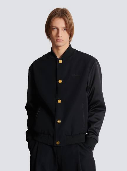Varsity jacket in grain de poudre wool and satin