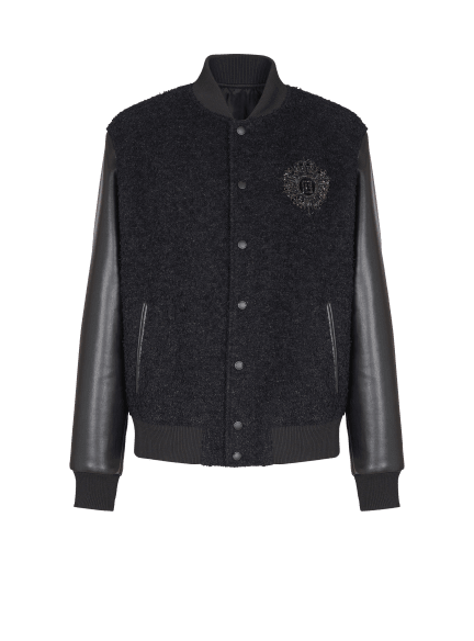 Varsity tweed and faux leather jacket