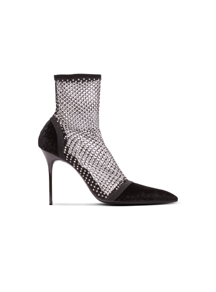 Mesh heeled ankle boots with velvet and rhinestones