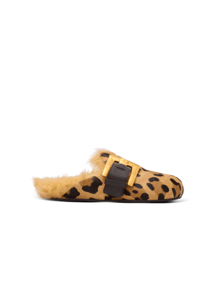 Anthem leopard print ponyskin leather and faux fur mules