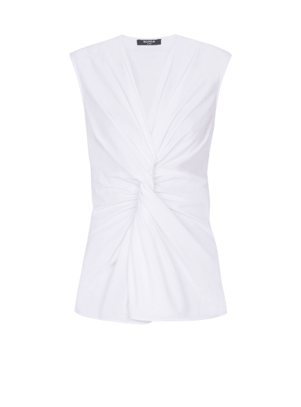 Draped sleeveless cotton poplin shirt