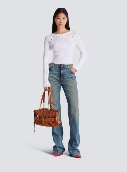 Straight-leg faded denim jeans