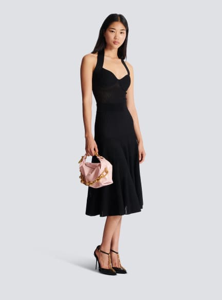 Halterneck pleated knit midi dress