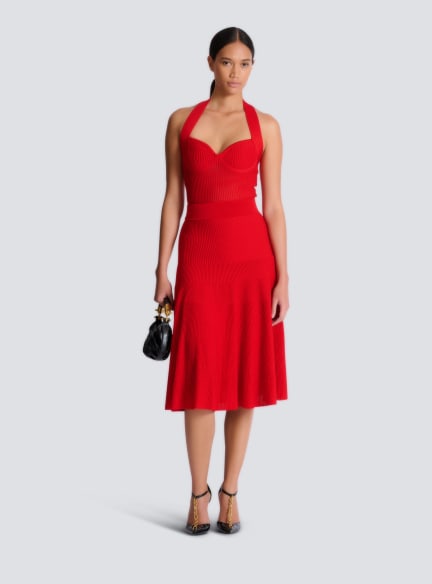 Halterneck pleated knit midi dress