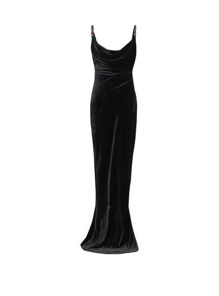 Long velvet dress with embellished straps