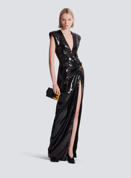 Long draped sequin dress with embellished detail