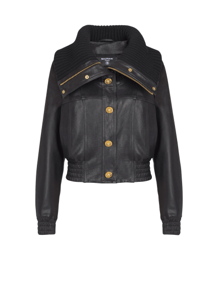 Lambskin and knit bomber jacket