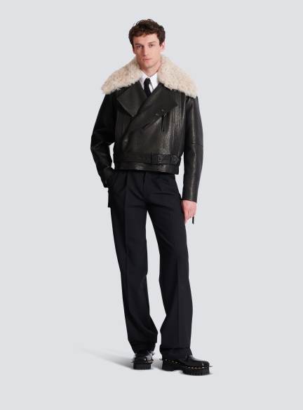 Leather jacket with shearling collar