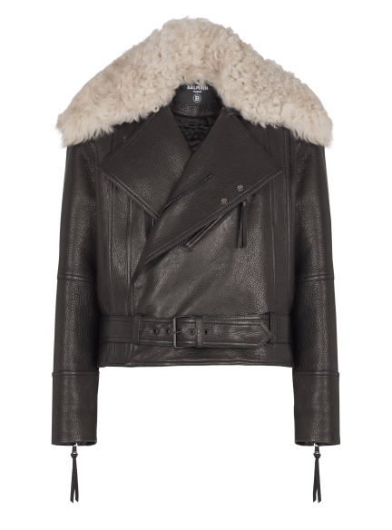 Leather jacket with shearling collar