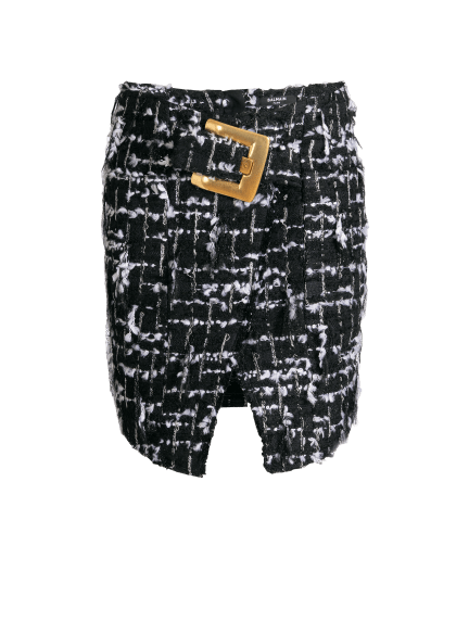 Belted fringed tweed skirt