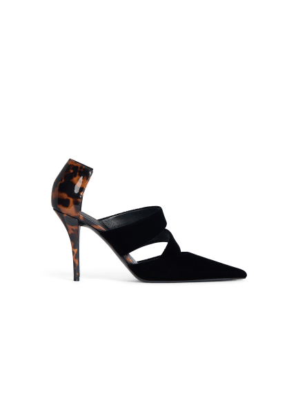 Velvet and printed patent leather pumps