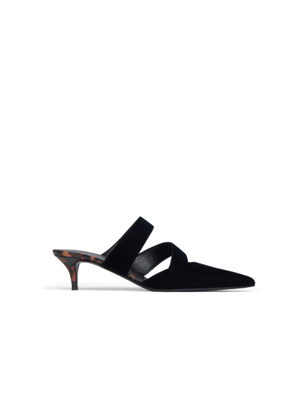 Velvet and printed patent leather mules
