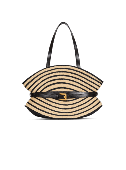 Medium Shuffle bag in smooth leather and two-tone raffia