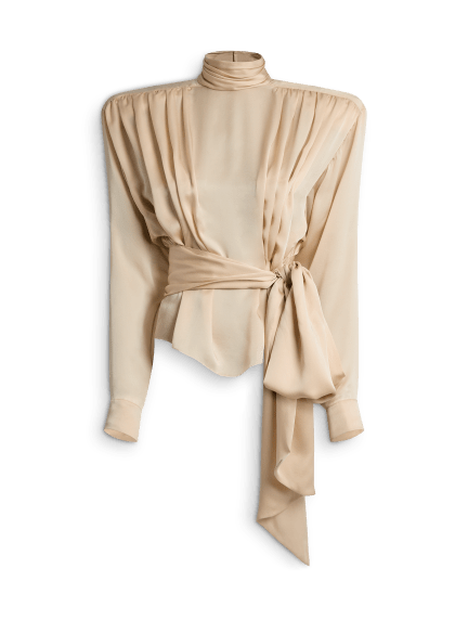 Silk chiffon blouse with padded shoulders and tie