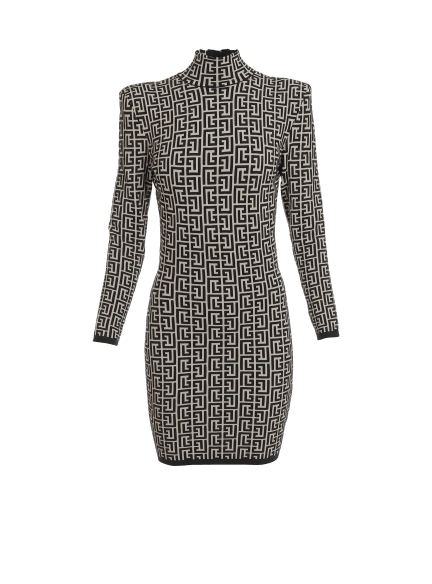 Kurzes zweifarbiges Strickkleid aus Jacquard mit Balmain-Monogramm