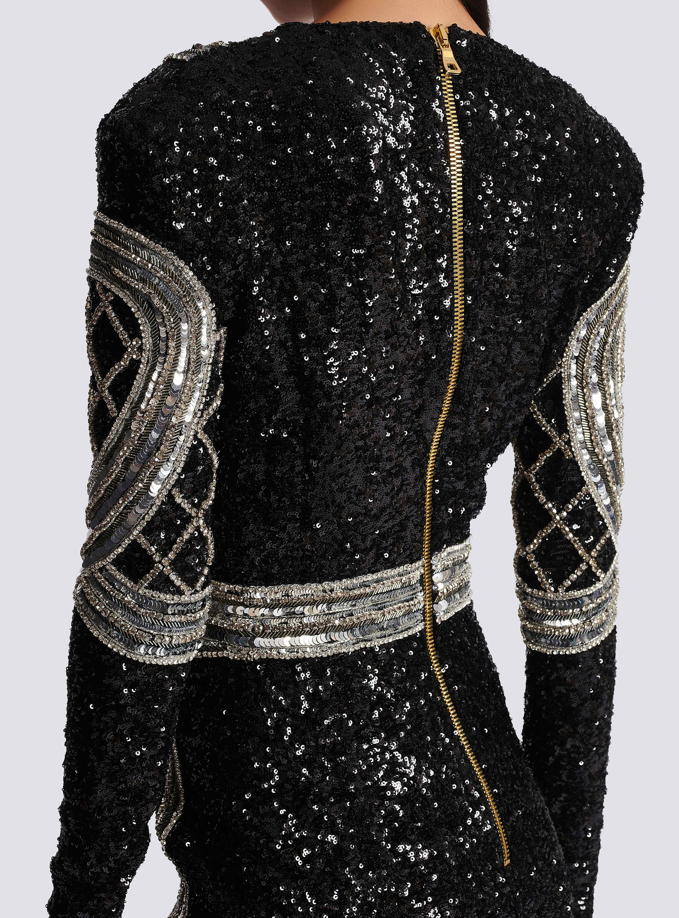 balmain black and silver dress Balmain Sequined Striped Distressed Knit Mini Sweater Dress Black/Silver  Size 36