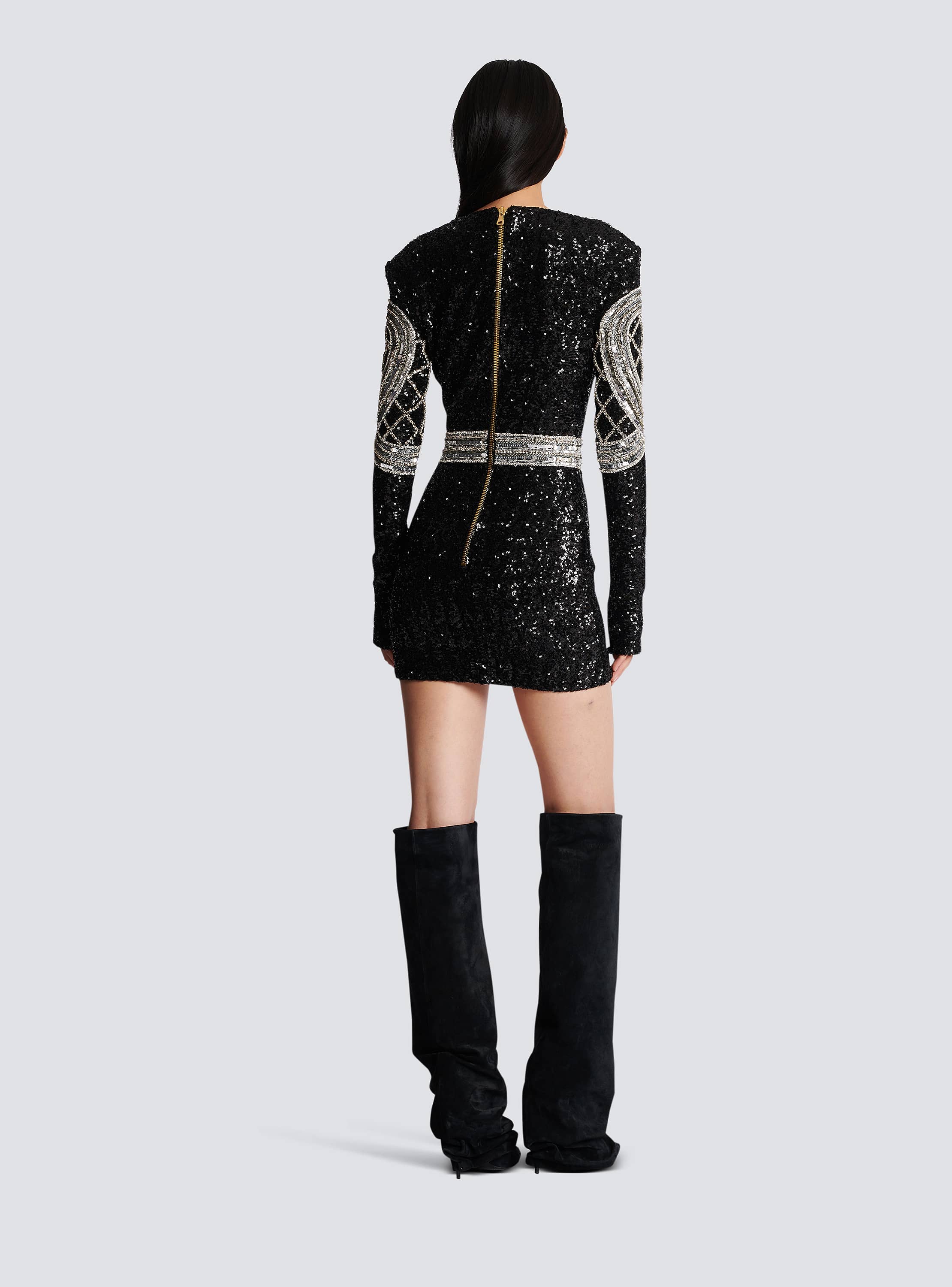 balmain black and silver dress Balmain Sequined Striped Distressed Knit Mini Sweater Dress Black/Silver  Size 36