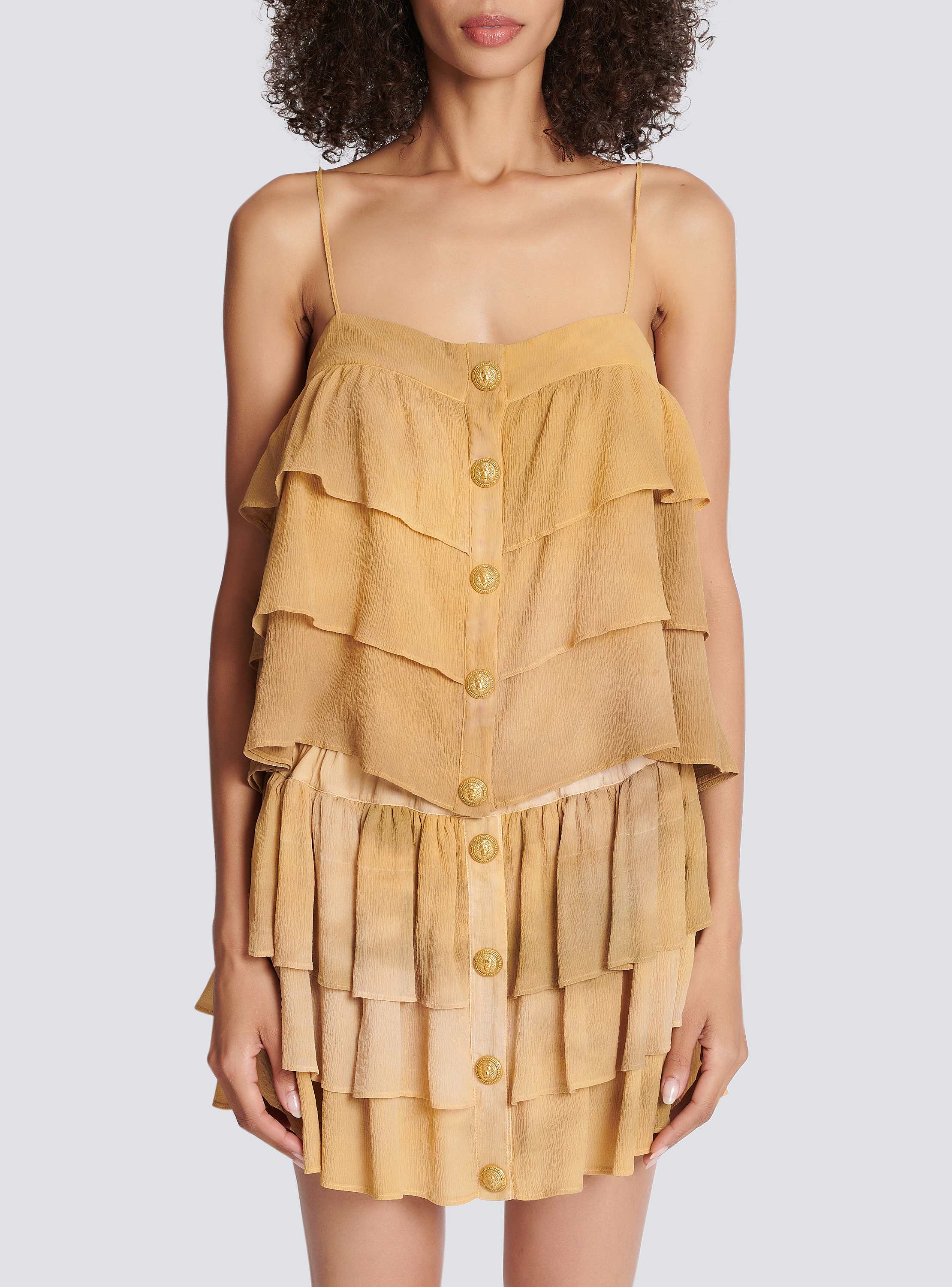Strappy silk top with tie-dye ruffles