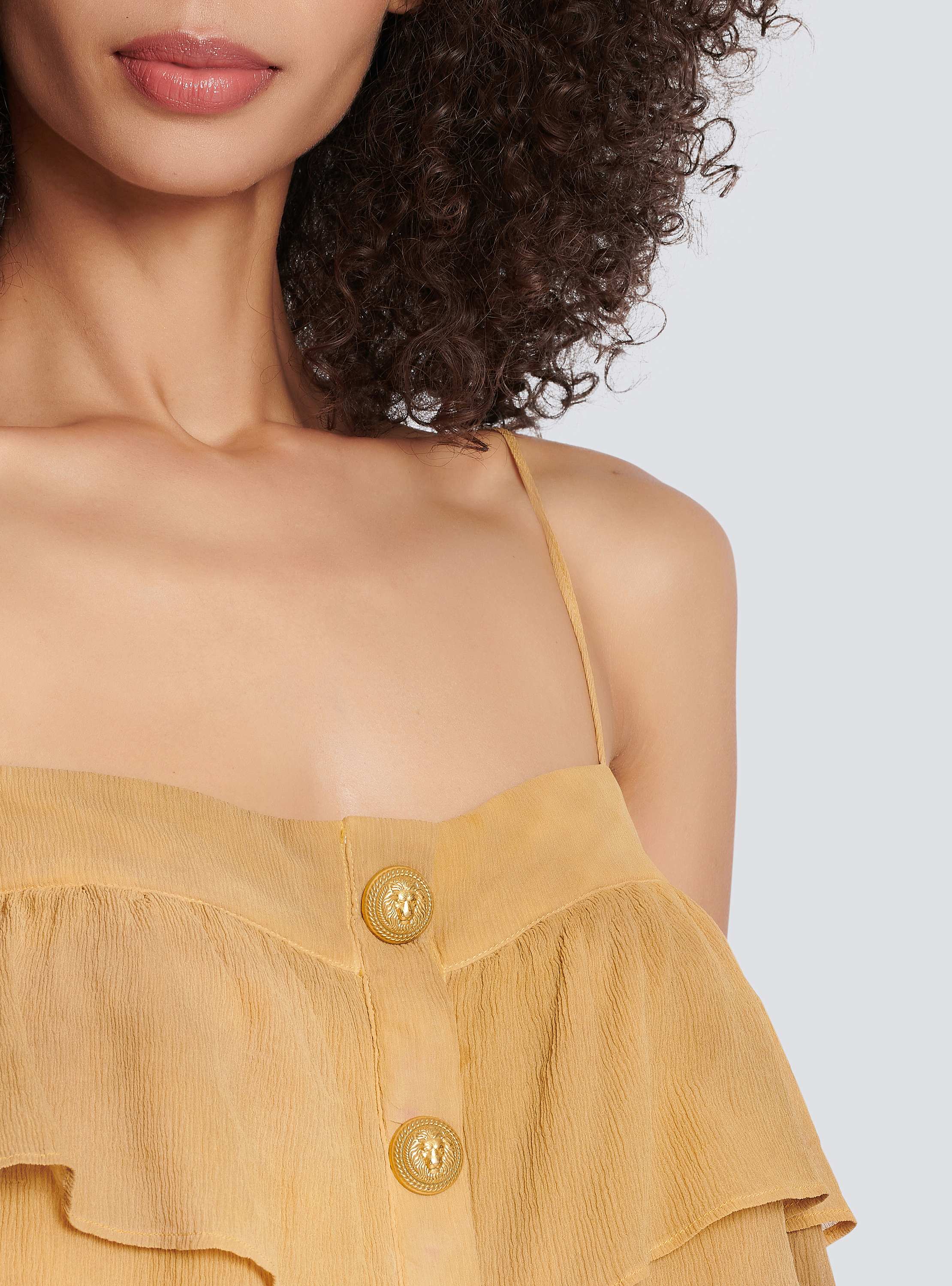 Strappy silk top with tie-dye ruffles