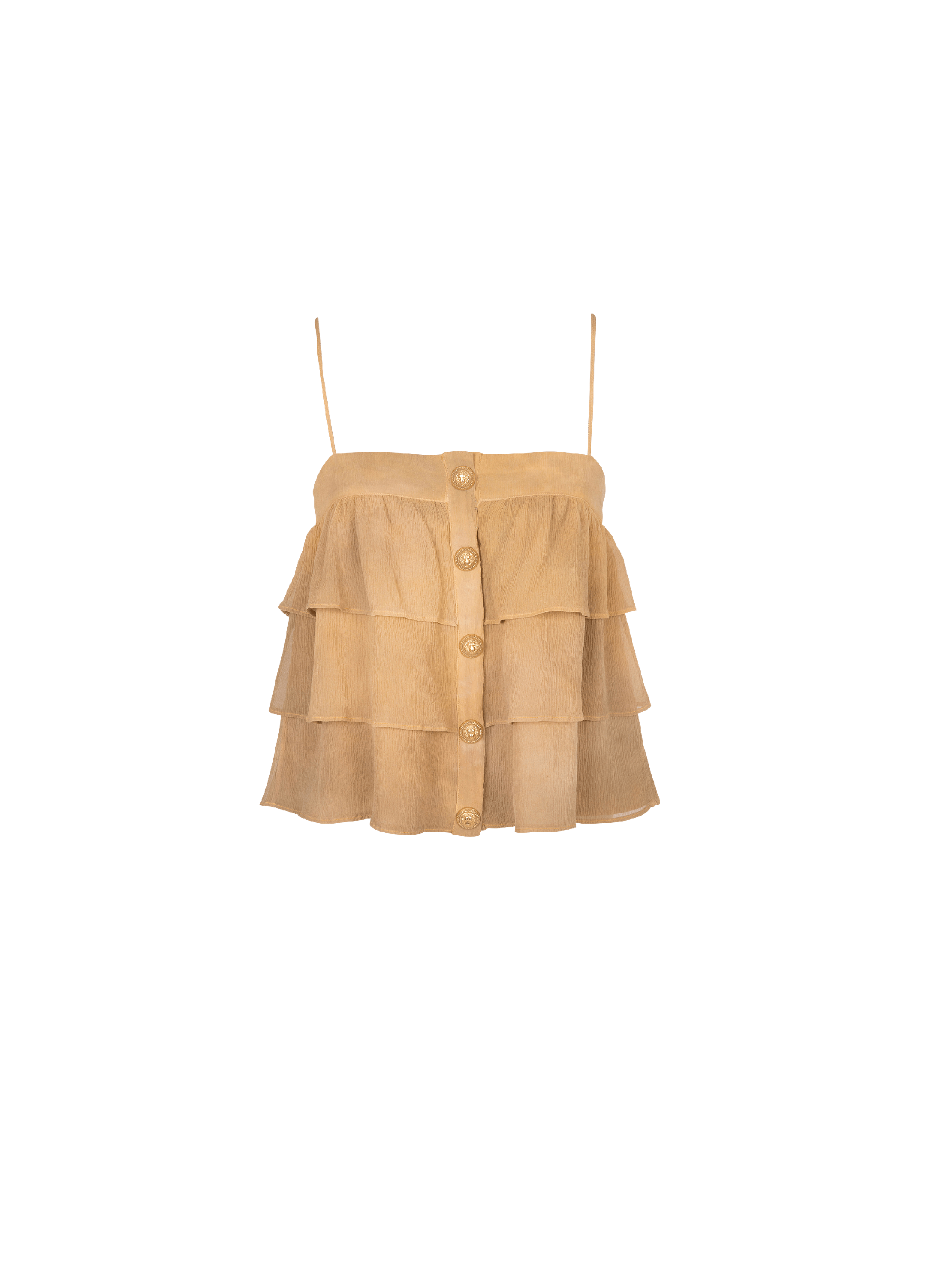 Strappy silk top with tie-dye ruffles