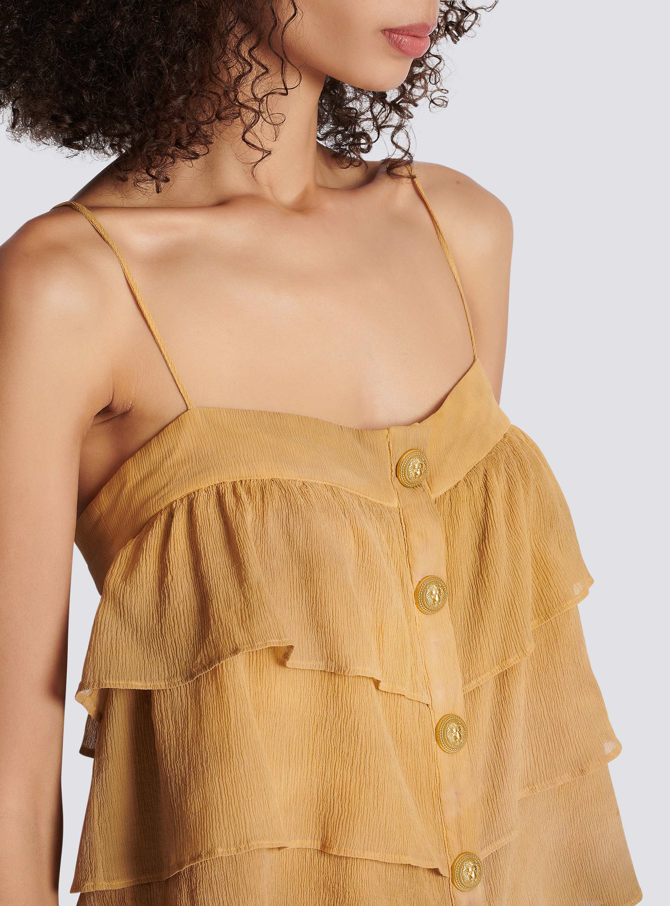 Strappy silk top with tie-dye ruffles