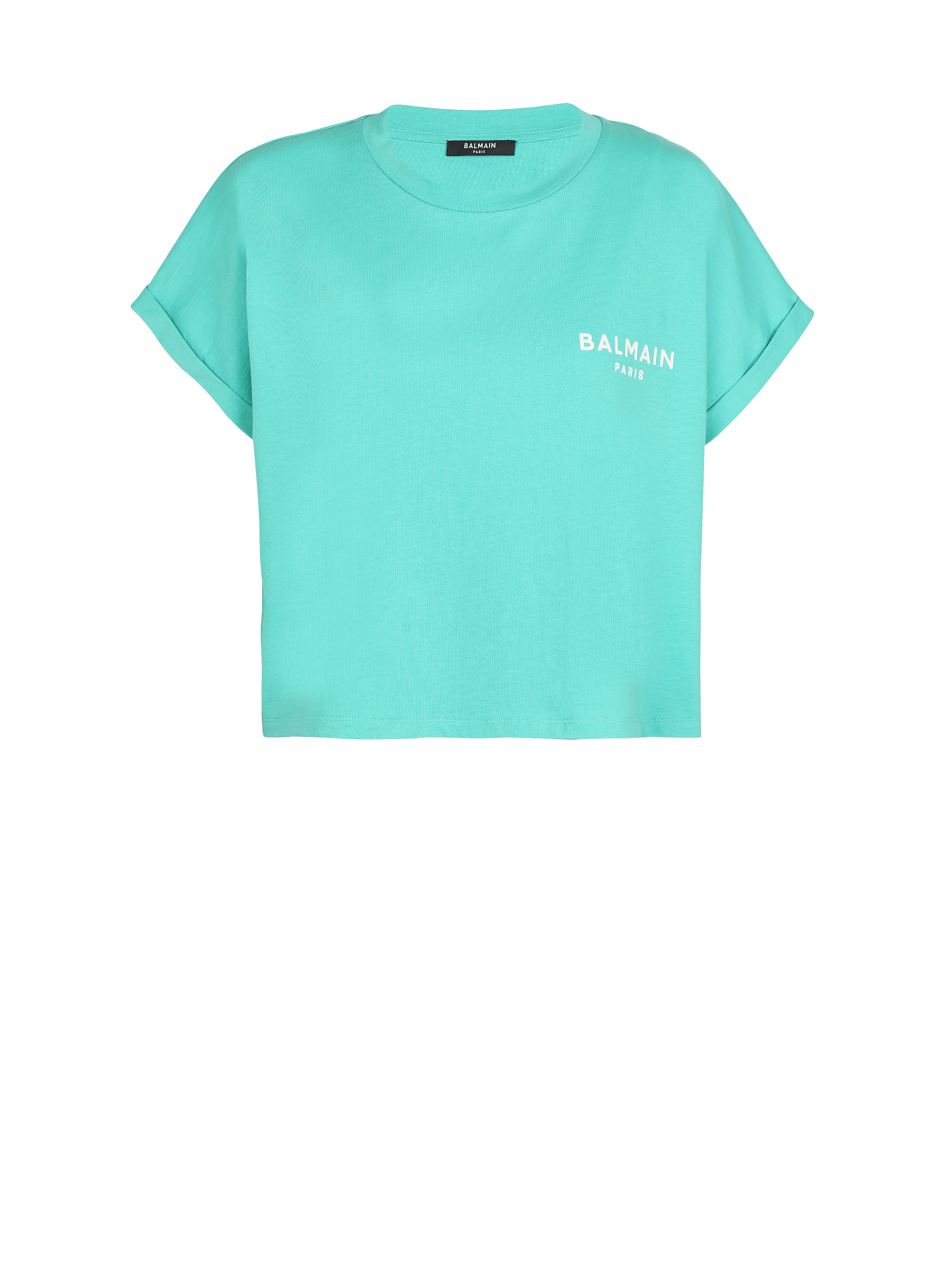 Eco-responsible cropped cotton T-shirt with Balmain logo print