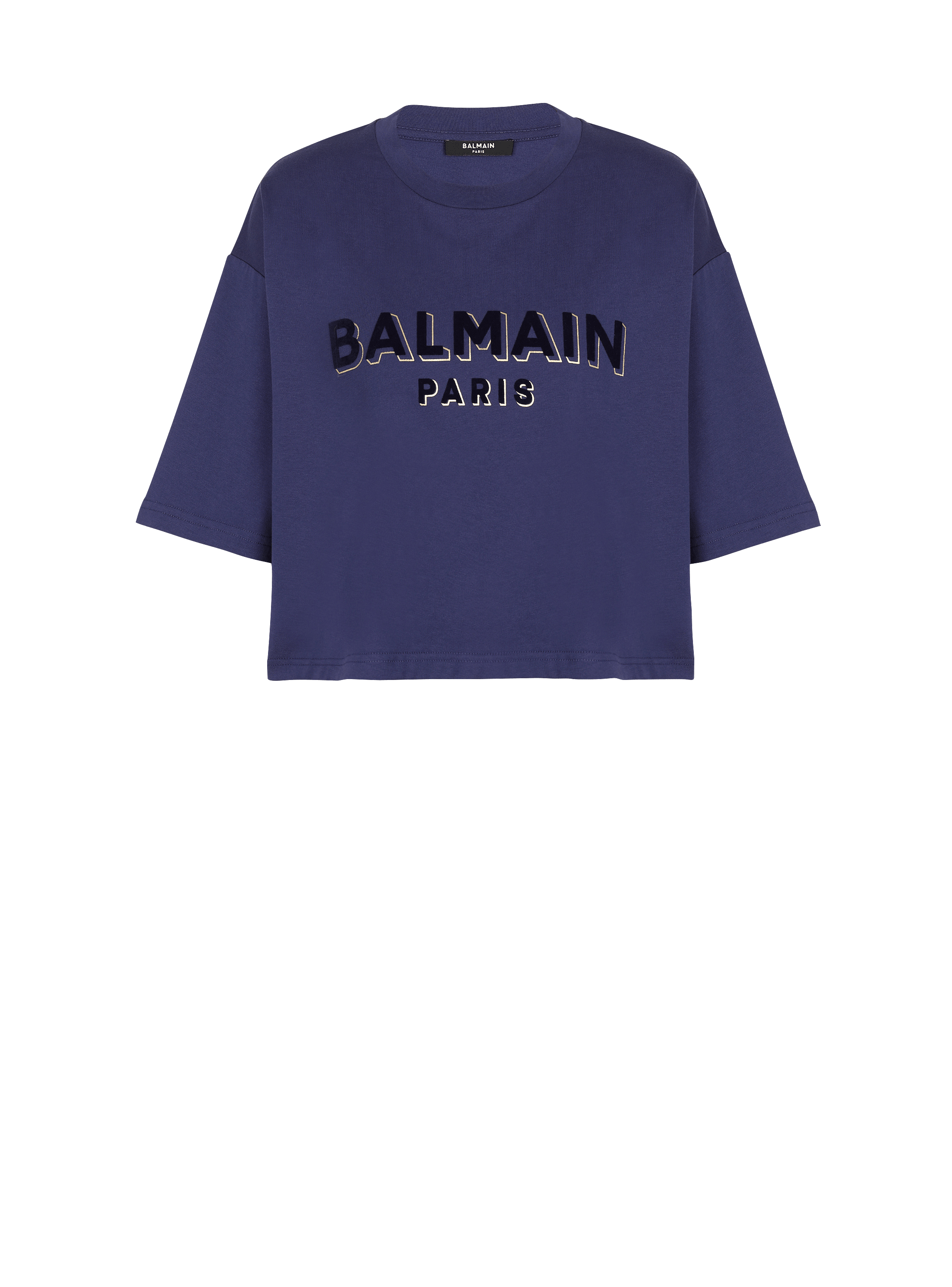 フロックメタリック Balmainロゴ クロップドコットンTシャツ