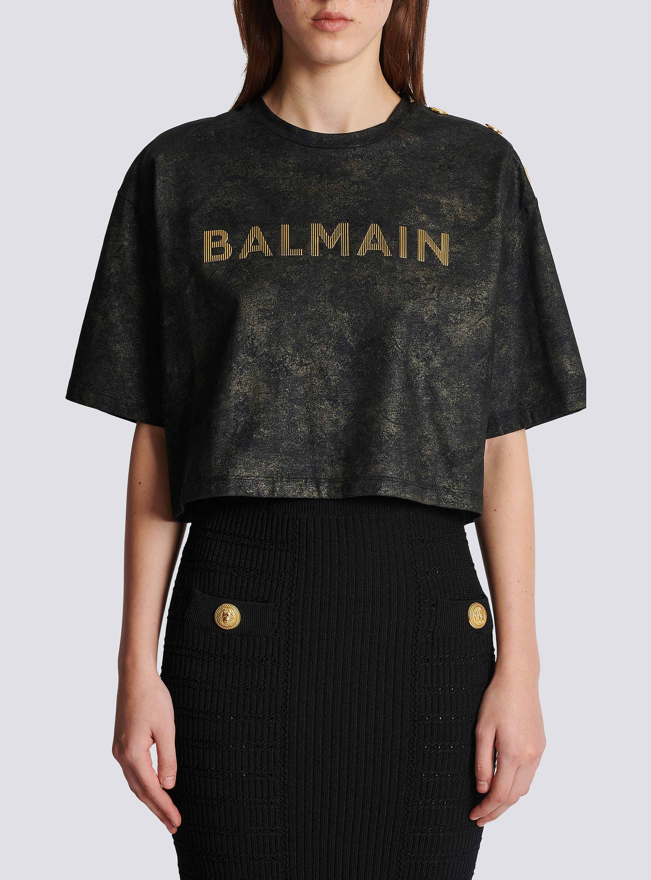 Cropped eco-responsible cotton T-shirt with textured Balmain
