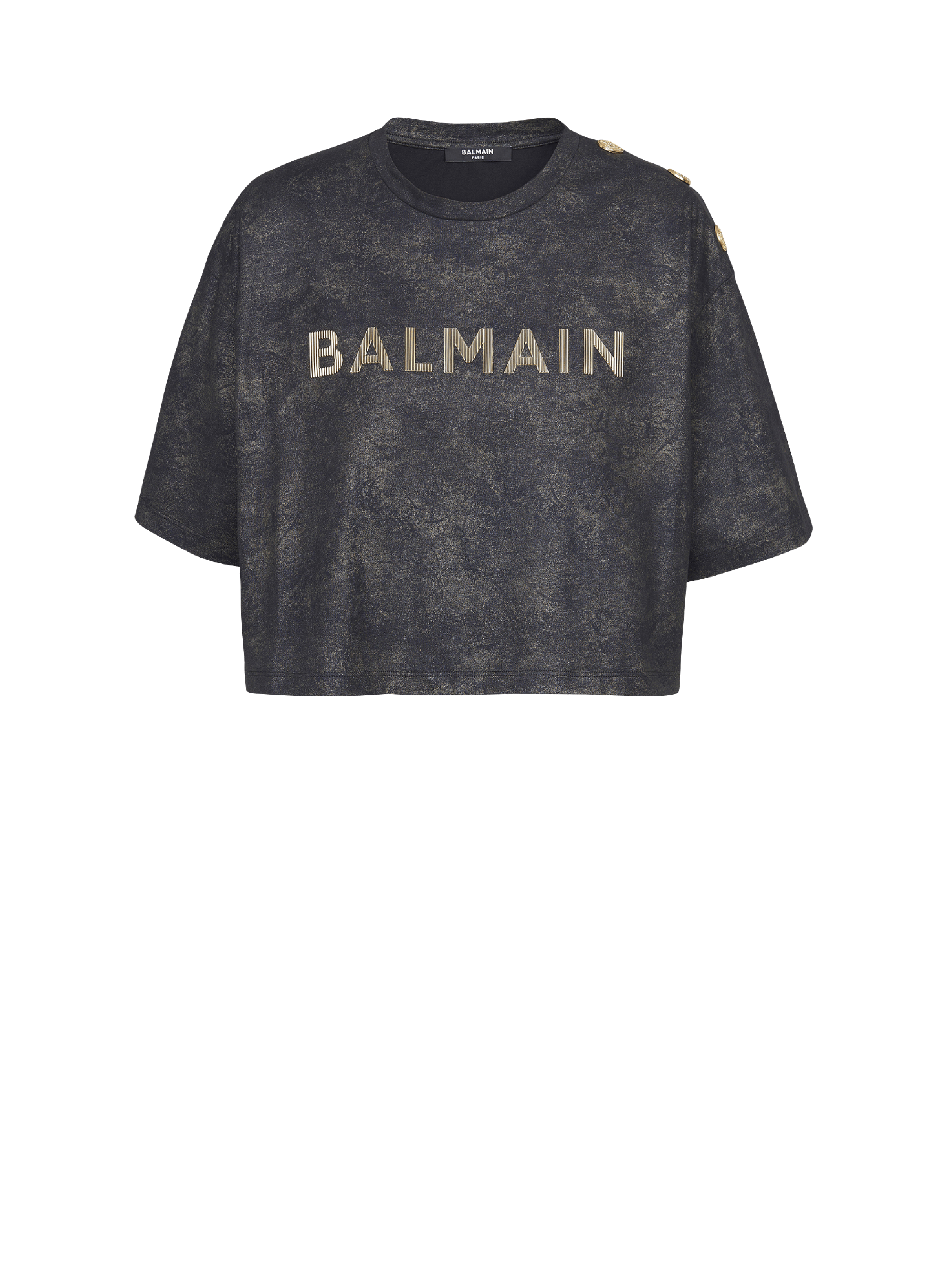 Kurzes T-Shirt aus Öko-Baumwolle mit aufgedrucktem strukturiertem Balmain-Logo